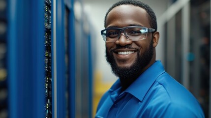 Technician checks server equipment while smiling in a high tech data center environment