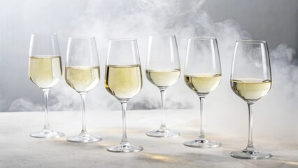 White Wine Glasses: Six elegant wine glasses filled with crisp white wine, set against a smoky backdrop, create a sophisticated and inviting atmosphere. Perfect for showcasing wine tasting.