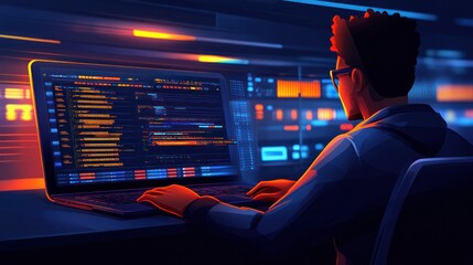 A skilled programmer focuses on intricate coding tasks in a sleek office setting at night