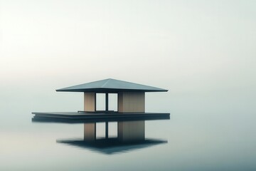 a minimalist japanese tea house floating on a serene lake, geometric forms in muted sage and cream, reflecting in still waters at dawn