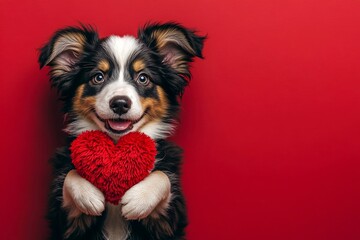Ad conceptual art. Australian shepherd - my desired dog. Cute australian shepherd hound with fluffy red heart - emblem of love, funny greeting card. Red heart valentines. Pet love photo ideas.
