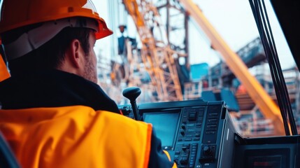 A close-up of a crane operator's face in the control cabin, overseeing operations on a construction site, Crane operation scene