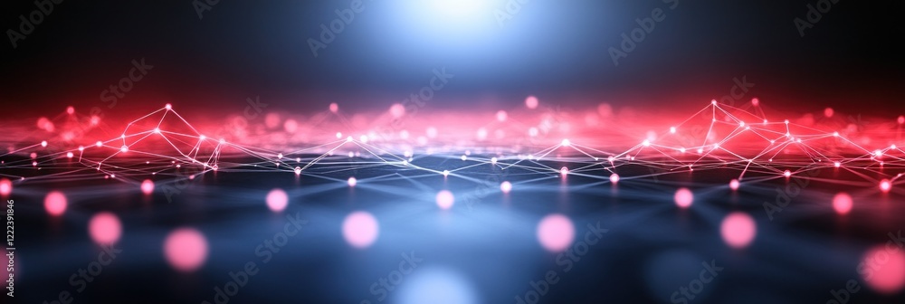 Poster bright lights create a network on a dark surface, highlighting connections in a tech setting