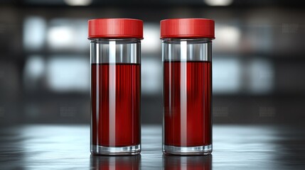 Two glass containers filled with dark red liquid are displayed on a shiny black surface
