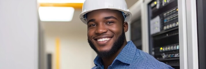 Technician stands in server room, smiling, wearing hard hat, overseeing maintenance operations