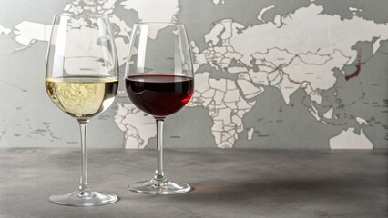 A Toast to the World: Two elegant wine glasses, one filled with crisp white wine, the other with rich red, stand before a stylized world map, inviting a global celebration of taste and connection.