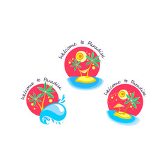 Set of summer vacation and travel circle labels with palm on the resort beach, hot sun, island and ocean waves.eps