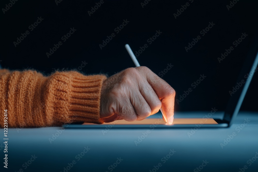 Poster warm aesthetic digital note-taking indian hand with stylus on tablet in cozy workspace - enhancing e
