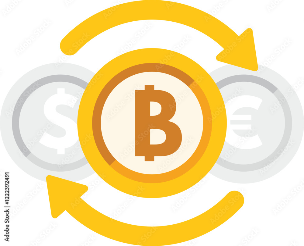 Poster concept of exchanging bitcoin with dollar and euro, with a bitcoin coin in the center and arrows rot