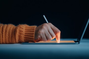 Warm Aesthetic Digital Note-Taking Indian Hand with Stylus on Tablet in Cozy Workspace - Enhancing EdTech and E-Learning Experiences for Modern Remote Tutoring