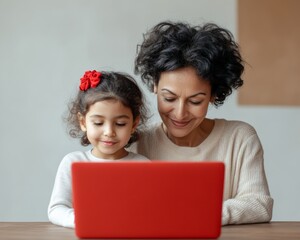 Contemporary Family E-Learning Mother and Daughter Engage with Red Laptop at Wooden Table - Digital Education Content and EdTech Innovation for Home Learning