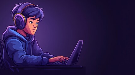 Boy concentrates on a digital task, illuminated by the glow of a laptop screen in a dark environment