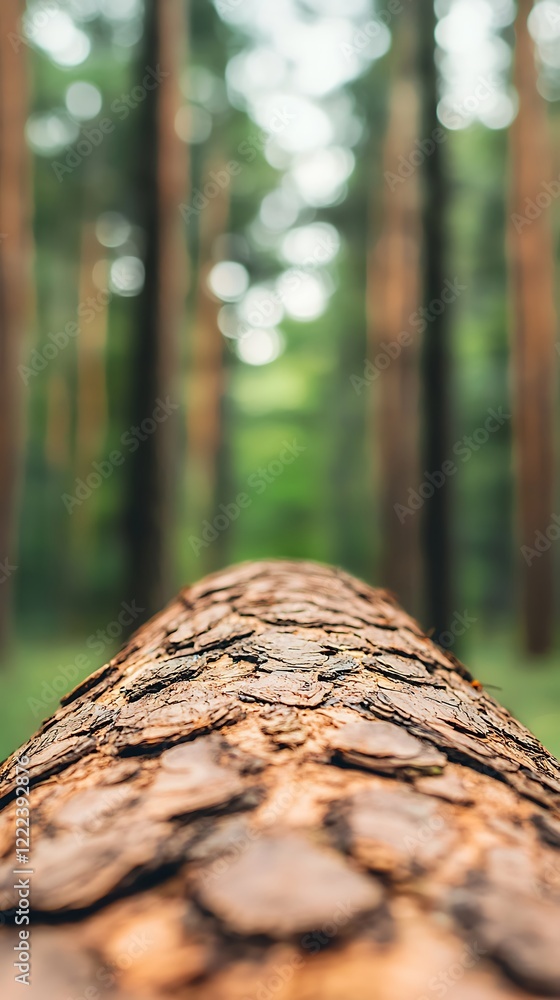 Aufkleber a close-up view of a tree trunk with textured bark, leading into a serene forest background filled w