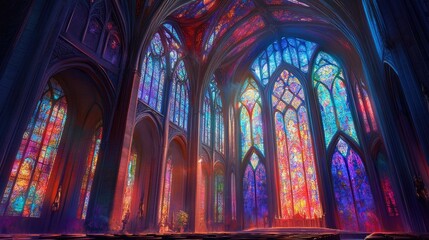 Fototapeta premium Radiant stained-glass windows in a gothic cathedral, glowing with vivid hues under soaring arched ceilings
