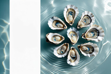 Sea delicacy fresh raw open oysters are laid out on a water surface background. White blank for menu. AI generated