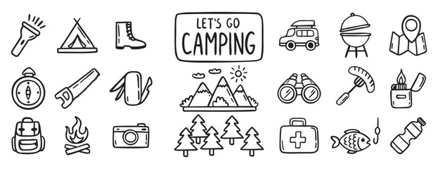 camping equipment doodle hand drawn icon set. Outline drawing camping tourism line clipart symbol collection. Local travel adventure 