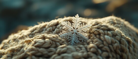 Fototapeta premium A delicate snowflake rests atop a knitted scarf, against a blurred winter background, evoking a sense of coziness.