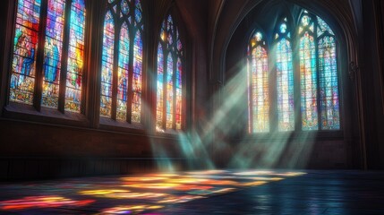 Obraz premium Rays of sunlight pass through vibrant stained-glass windows, painting an ethereal scene inside a tranquil church.
