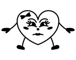 Angry female character in heart shape. Frowning eyebrows, threatening pose, hands to the sides, bow decoration. Sketch. Vector illustration. Outline on isolated white background. Doodle style.