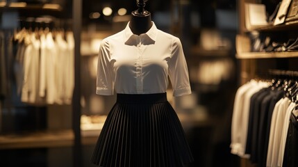 Fototapeta premium Retail setting featuring a mannequin wearing a polished white shirt and pleated black skirt, ideal for versatile outfits.