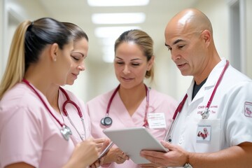 Contemporary Healthcare Collaboration Diverse Medical Professionals in Modern Hospital Corridor - Enhancing Patient Care with Digital Tools in Clinical Workspaces