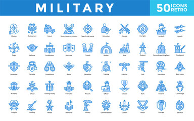 Military icon set with mission, deployment, patrol, reconnaissance mission, search and rescue, extraction, combat, fire fight, ambush, assault icon. Simple retro vector 
