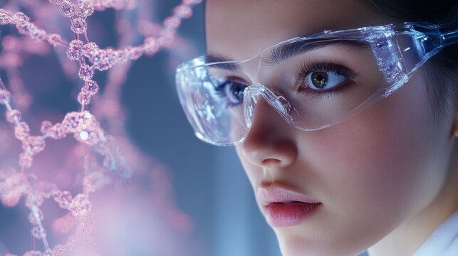 A close-up of an scientist woman wearing safety goggles, with the background featuring digital models and DNA strands floating in mid-air. 