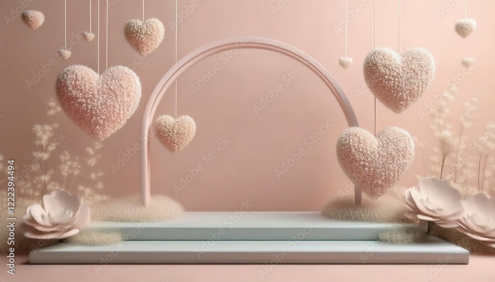 Poster a whimsical display featuring textured hearts suspended above a serene platform, creating a romantic