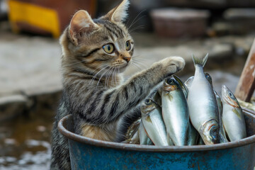 European shorthair kitten curiously pawing at a freshly caught fish inside a metal bucket,...