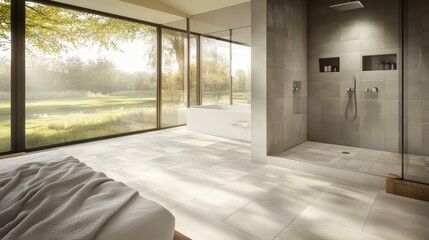 Modern ensuite bathroom with serene natural view