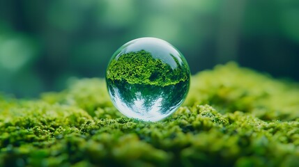 A crystal-clear droplet sits on lush green moss, reflecting the vibrant foliage in a serene, natural setting.