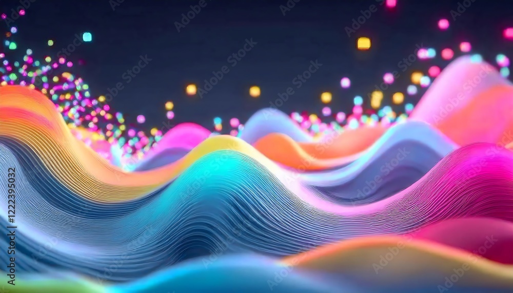 Poster a vibrant, abstract landscape featuring colorful waves and floating particles, creating a dynamic an