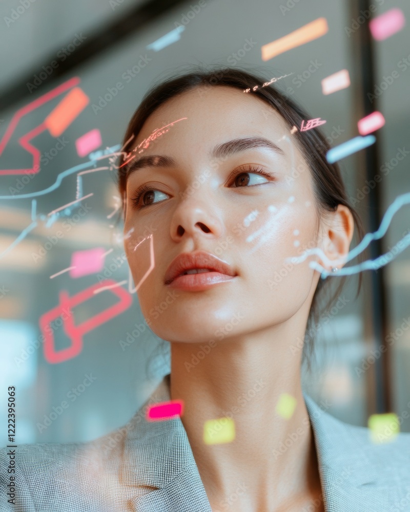 Poster futuristic business strategy young professional engaged in augmented reality data visualization for 