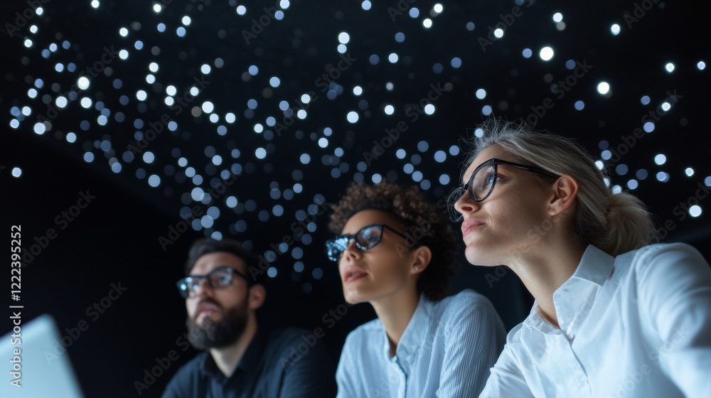 Poster contemporary celestial workspace diverse entrepreneur team in modern coworking space with zodiac ill