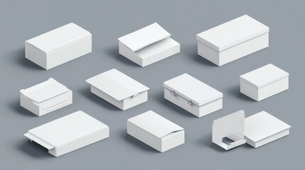 White cardboard box mockup set isolated on gray background. Vector realistic illustration of open and closed carton packages, mail delivery, gift packaging, parcel with blank surface, isometric view