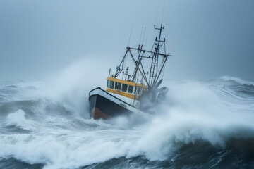 Naklejka premium Small fishing boat navigating through a stormy sea, battling massive waves under a dramatic, cloudy sky filled with danger