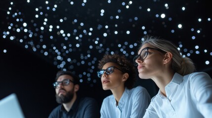 Contemporary Celestial Workspace Diverse Entrepreneur Team in Modern Coworking Space with Zodiac Illuminations - Boosting Innovative Business Strategy and Networking