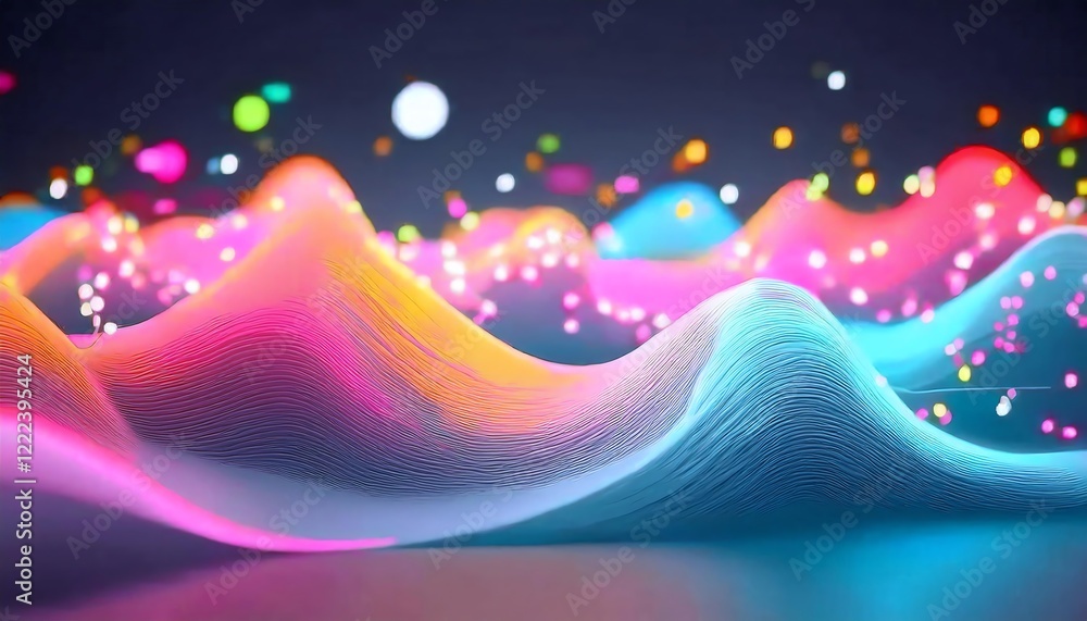 Poster a vibrant, abstract landscape featuring undulating waves of color with sparkling elements, creating 