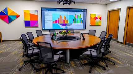 Modern Conference Room with Colorful Artwork and Large Screen