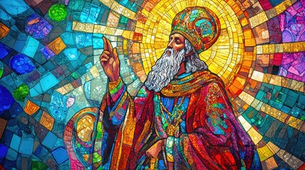 Fototapeta premium St. Ambrose depicted in colorful stained glass, surrounded by intricate designs and radiant hues
