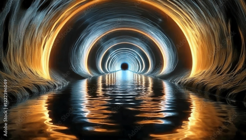 Aufkleber a mesmerizing tunnel with glowing lights and reflective water, creating a surreal and captivating at