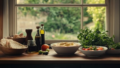 Mediterranean Hummus Bowl with Fresh Ingredients by the Window