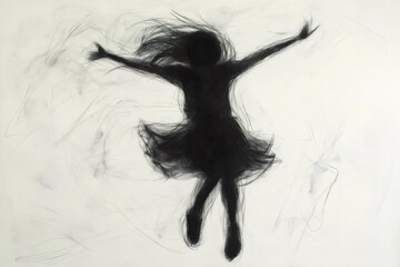 Fototapeta premium Charcoal sketch capturing the dynamic movement of a girl leaping with outstretched arms, her hair flowing freely in the wind, expressing joy and freedom
