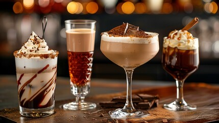 A dessert-inspired cocktail lineup featuring creamy and decadent drinks with chocolate and caramel garnishes 3