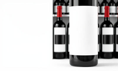 Obraz premium wine bottle mockup featuring blank label, ideal for branding and design purposes. sleek black bottle stands out against shelf of similar bottles, creating modern and elegant display