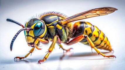 A single wasp, sharply detailed in macro photography, perfectly set against a clean white background.