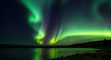 Vibrant northern lights over serene lake with starry night sky reflection