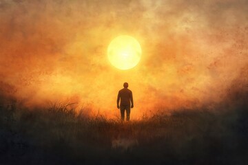 Fototapeta premium Silhouette of man standing in field at sunrise, symbolizing hope, new beginnings, and the power of nature