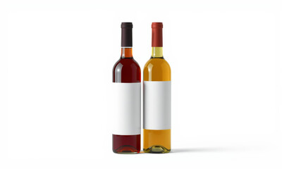 Obraz premium Two wine bottles with blank labels, showcasing red and white varieties, perfect for branding or mockup purposes