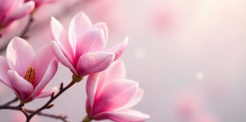 Pink spring magnolia flowers against a light background, flowers, pastel, colors